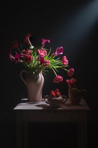 Dramatiskt stilleben med rosa blommor av Lydia Jacobs