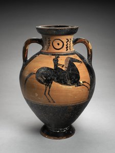 Amfora med svart hals med två ryttare, 560-540 f.Kr. (terrakotta) av Lydos (manner of)