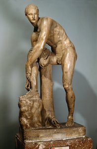 Hermes knyter sin sandal, romersk kopia av ett grekiskt original som tillskrivs Lysippos av Lysippos (after)