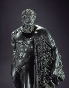 Grekisk konst: "" Herakles i vila"" Detalj - Bronsskulptur av Lysippe av Sicyone (395-305 f.Kr.) 300-talet f.Kr., från helgedomen av Ercole Curino, Sulmona - Museo Nazionale Archeologico, Chieti Italien - Herakles (Hercules) vilar - Detalj av bronsskulptur av Lysippos (attributed to)