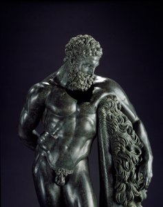 Grekisk konst: "" Herakles i vila"" Detalj. Bronsskulptur av Lysippe av Sicyone (395-305 f.Kr.) 300-talet f.Kr. Från helgedomen Ercole Curino, Sulmona. Museo Nazionale Archeologico, Chieti Italien - Herakles (Hercules) vilar - Detalj av bronsskulpturen av Lysippos (attributed to)