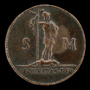 Beväpnad figur som står på en framskjuten varg [omvänd].