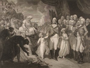 Markisen Cornwallis tar emot gisslanprinsarna, söner till Tippoo Sultan av M. (after) Brown