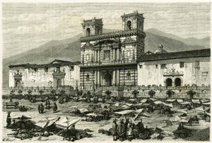 Katedralen i Quito (huvudstad i dagens Ecuador) och den populära underhållningen på dess torg. Gravyr av Clerget och Ferdinandus, för att illustrera berättelsen "Equinoxiale America"" av M. (after) Ferdinandus