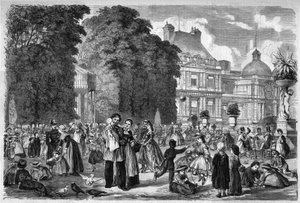 Utsikt över Luxemburgträdgården i Paris. Gravyr efter en teckning av M. Pietsch i "The Illustrious Universe" av M. (after) Pietsch