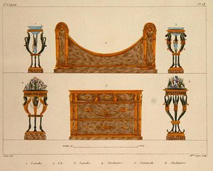Möbeldesigns, graverade av Mme Soyer, platta 28 från "Modeles de Meubles et de decorations interieures pur les meubles", publicerad 1828/41 (färglitografi). av M. (after) Santi