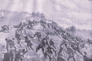 Återtagandet av Szawle. Storming the ridge, från puben The Illustrated History of the World War 1914-1915. av Union Berlagsefellfchaft av M. Barascudts