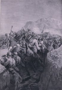 Italienarnas misslyckade anfall på Doberdos höjder, från The Illustrated History of the World War 1914-1915, utgiven av Union Berlagsefellfchaft. av M. Barascudts