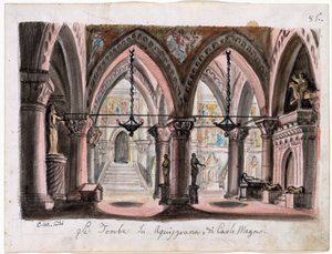 Le tombeau de Charlemagne a Aix-la-Chapelle - Scenografi för Operan Ernani av Giuseppe Verdi - M. Conti (1810-1886). Akvarell på papper Mått : 22x29 cm The Morgan Library & Museum, New York av M. Conti