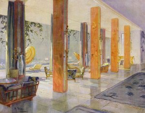 1930-talsinteriörer: Garden Hall of a hotel (litho i färg) av M. Stier