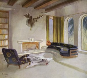 1930-talsinteriörer: Rökrum i ett hus på landet (färg litho) av M. Stier