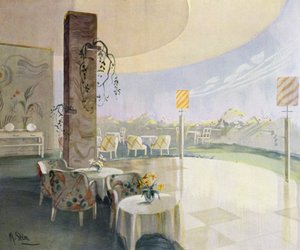1930-talsinteriörer: Terrasscafé (litho i färg) av M. Stier