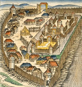 Sabatz, illustration från "Liber Chronicle" (Nürnbergkrönikan) av Hartmann Schedel (1440-1514), utgiven av. Nürnberg, 1493 (handkolorerad gravyr). av M. and Pleydenwurff, W. Wolgemuth