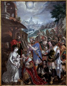 Tillbedjan av Magi. Ovanför den heliga familjen och magierna, herdens stjärna. Målning av Maaerten de Vos (Martin de Vos, Marten de Vos) (1532-1603), flamländsk konst 1500-talet. Museum of Fine Arts i Valenciennes.