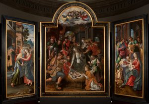 Tillbedjan av Magi, Triptyk, Centralpanel, detalj, målning på trä av Maarten de Vos