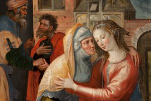 Adoration of the Magi, Triptyk, Vänster panel: Holy Virgins liv, detalj, målning på trä av Maarten de Vos