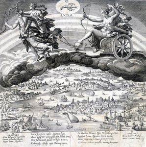 Luna: allegori över månen (Diana) och skorpionen som är under dess inflytande (stjärntecken) - gravyr av Maaerten de Vos (Martin de Vos, Marten de Vos) (1532-1603), n.d.
