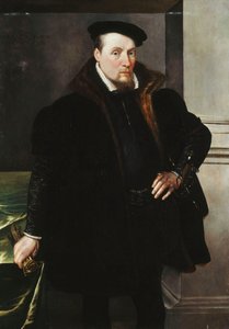 Porträtt av en gentleman, trekvartslängd, i en svart kappa med pälsfoder, 1551 av Maarten de Vos