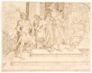 Ahasverus ger sigillringen till Haman av Maarten van Heemskerck