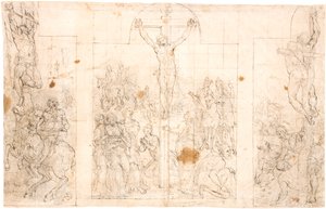 Förstudie för en trevingad altartavla föreställande korsfästelsen av Maarten van Heemskerck
