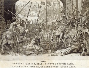 Erövringen av Tunis 1535, tavla 7 från "Kejsar Karl V:s militära bedrifter", graverad av Dirk Volkertsz Coornhert (1522-90), 1555 (gravyr och etsning)
