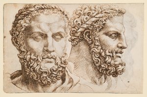 Två studier efter huvudet av Vatikanens "Herkules" av Maarten van Heemskerck