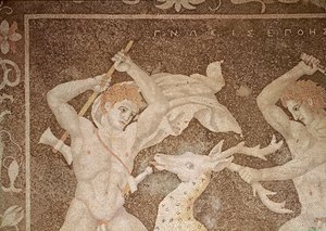 Hjortjakten, detalj av jägarna, från "Huset med bortförandet av Helena" (mosaik) av Macedonian