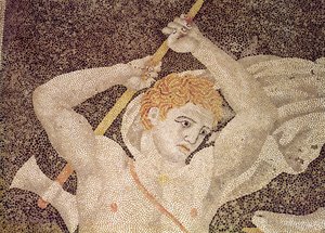 Hjortjakten, detalj av en jägare, från mosaiken "Helenas bortförande" i huset