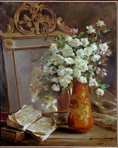 Den röda vasen stilleben med spegel, bukett blommor och bok. Målning av Madeleine Lemaire (1845-1928), 1900-talet. Privat samling