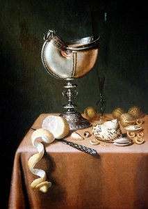 Ett stilleben med en Nautilus-kopp, en skalad citron och valnötter (olja på panel)
