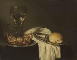Nederländska: Stilleben med krabba, Roemer, bröd och porslin Stilleben med en Roemer