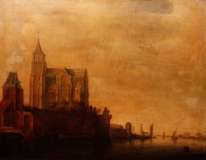 Groote Kerk med utsikt över huvudtornet, Emmerich i ett flodlandskap med segelbåtar av Maerten Fransz van der Hulst
