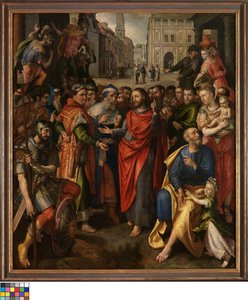 Holländsk: Tullpolletten (Matteus 17:24-27; vänster), cinepoletten (Lukas 20:21-26; mitten), liknelsen om den fattiga änkan (Markus 21:41-44; höger) (Altartavla från myntmästarnas skrå