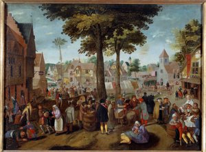 Flemish Fair En fest i en by, berusade män är sjuka, andra leker, några sover. målning av Martin van Cleve (1527-1581) Caen från 1500-talet, Museum of Fine Arts