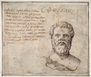 Antik byst av Sofokles, kommenterad, efter Fulvio Orsini (penna och bläck på papper) av Maerten van Heemskerck
