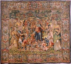 Stiftsmuseet (stiftsmuseet). flamländsk gobeläng. Bryssel. François Geubels verkstad. Serien Berättelsen om Gideon. Israeliterna lämnar över sin del av bytet till Gideon. Siden och ull. Förlåtelse av Bisho av Maerten van Heemskerck