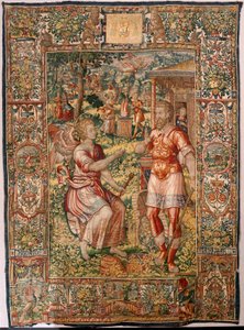 Stiftsmuseet (Museo Diocesano). flamländsk gobeläng. Bryssel. Atelier François Geubels. Serien Story of Gideon. Gideon och ängeln (Gedeón y el ángel). Siden och ull. Förlåtelse av biskop Vicente Roca de la Serna. Barock. 1534-1571, i domkyrkan sedan av Maerten van Heemskerck