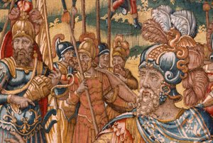 Stiftsmuseet (stiftsmuseet). flamländsk gobeläng. Bryssel. François Geubels verkstad. Serien Berättelsen om Gideon. Israeliterna lämnar över sin del av bytet till Gideon. Siden och ull. Förlåtelse av Bisho av Maerten van Heemskerck