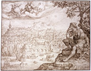 Jonah, Sittande under kalebassen, överväger staden Nineve, 1566 (penna och brunt bläck inskuren med en penna på papper)