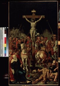 ""Golgata"" (Golgata) Korsfästelsen. Inskriptionen ""INRI"" på korset. Centralpanel av en triptyk. Målning av Maarten van Heemskerck (Maerten Heemskerk van Veen) (Marten, Martin) (1498-1574) 1545-1550 Mått 100,7x58,3 cm Eremitagemuseet, Sain av Maerten van Heemskerck