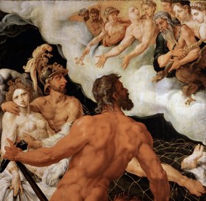 Mars och Venus pieges i filén av Vulcain - Mars och Venus fångade i Vulcans nät - Maarten Jacobsz van Heemskerck (1498-1574). Olja på trä, c.1540. Mått: 96x99 cm. Konsthistoriska museet, Wien