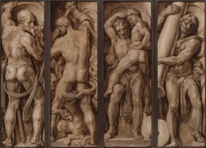 Saturnus slukar ett barn; Herkules som dödar hydran; Hercules Lifting Antaeus; Hercules reser kolumnerna i Calpe och Abyla av Maerten van Heemskerck