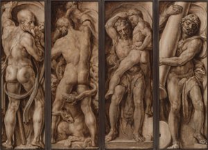 Saturnus slukar ett barn; Herkules dödar hydran; Herkules lyfter Antaios; Herkules reser Kalpes och Abylas pelare av Maerten van Heemskerck