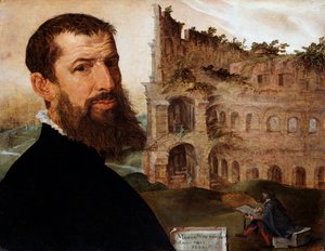 Självporträtt av målaren med Colosseum i bakgrunden, 1553