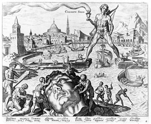 The Colossus of Rhodes, skylt 4 från The Eight Wonders of the World, eng. Philips Galle, 1572
