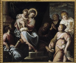 Jungfrun har barnet omgivet av teologiska dygder Allegori om tro, esperans och välgörenhet av Maffeo da Verona