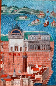Utsikt över Markusplatsen med Dogepalatset i Venedig”” Miniatyr hämtad från “” Beskrivning eller handlar om regeringen och regimen i staden och herredømmet i Venedig””” av Philip de Geldres mästare (1467-1547) Chantilly , Musee Conde av Maitre de Philippe de Gueldre