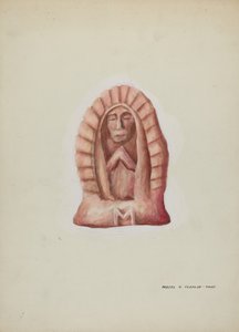 Liten staty av Guadalupe huggen i sten, ca. 1937. av Majel G. Claflin