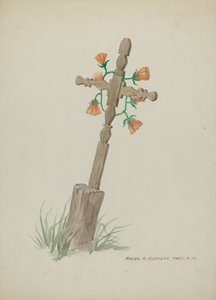 Träkors som används som gravsten, ca. 1937.