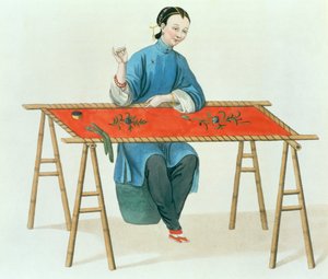 En kvinna som broderar, tavla 41 från "The Costume of China", graverad av J. Dadley, 1800